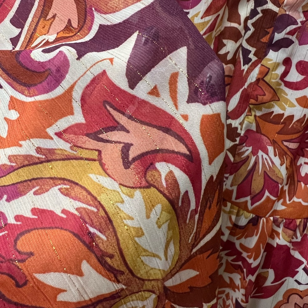 1.STATE Metallic Floral Tiered Mini Dress Size L | Ruffle Neck Sheer Long Sleeve - Picture 8 of 9